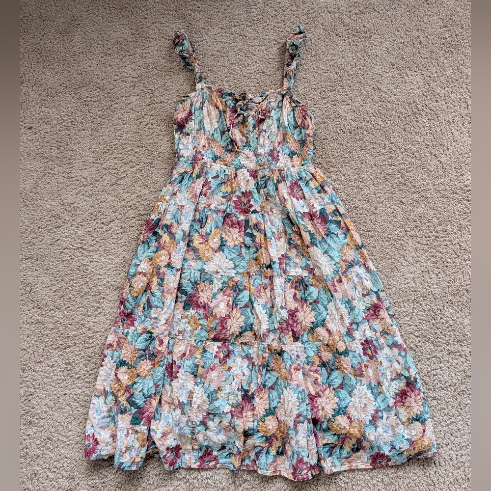 Lulus Blue Pink White Floral Ruffled Smocked Bodice Midi Sundress Size XL - Picture 3 of 9